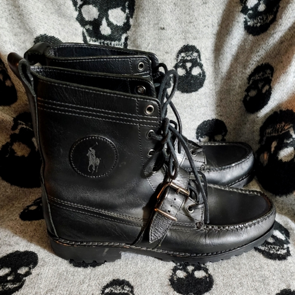 POLO RALPH LAUREN BUCKLE LUG LEATHER BOOT MEN 8.5 WOMEN 10.5 BLACK
